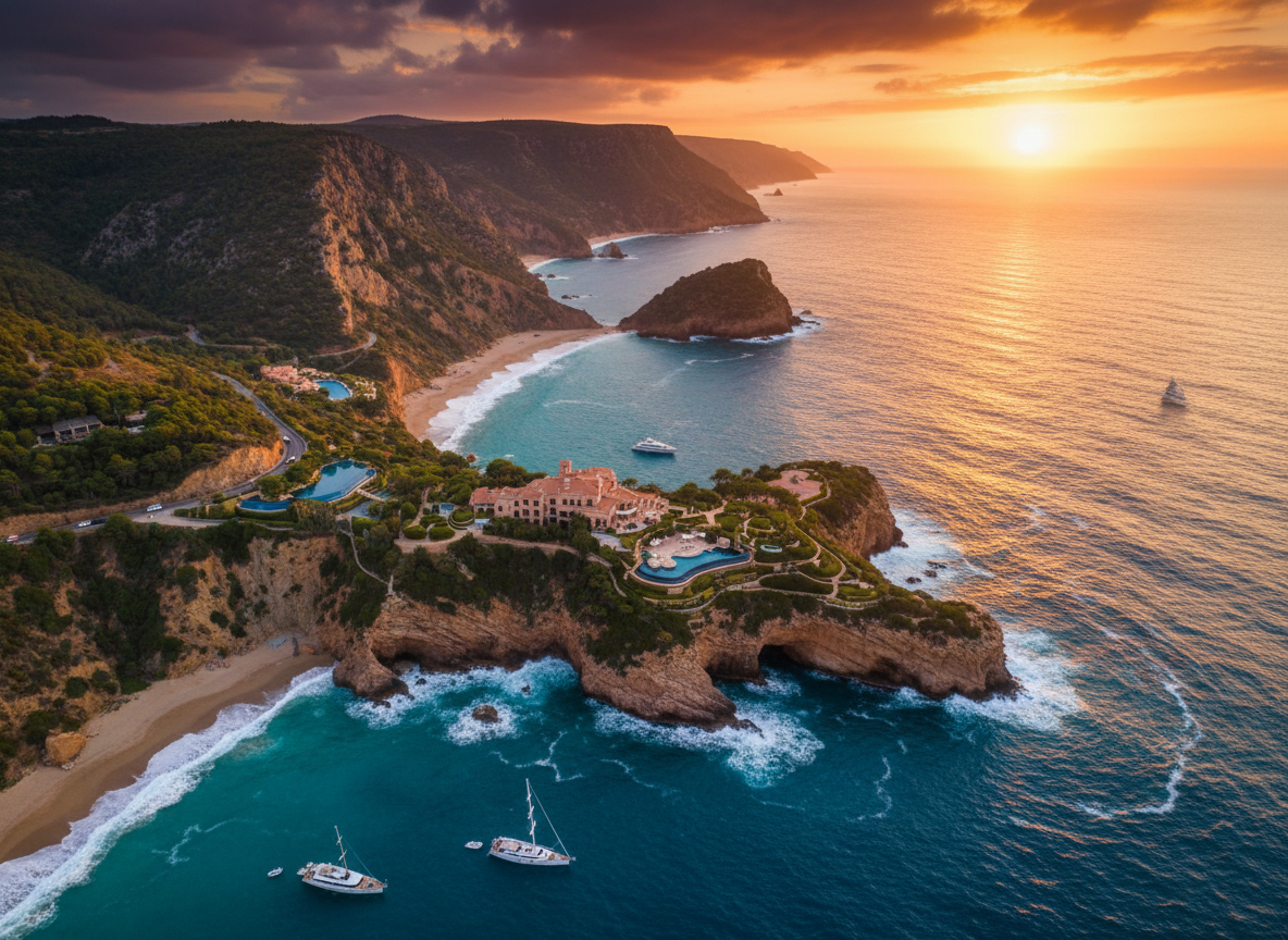 Costa espectacular al atardecer con acantilados y mar turquesa
