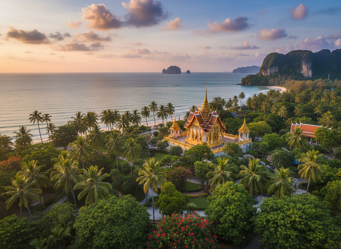 Tailandia - Templo budista con palmeras y mar turquesa