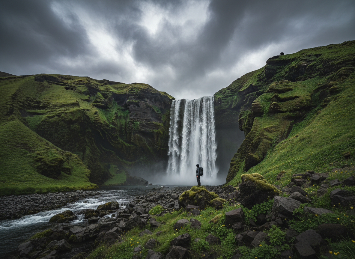 Islandia - Cascada dramática entre rocas volcánicas